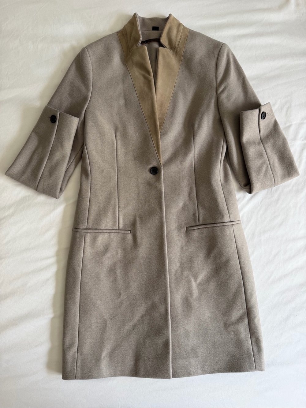All Saints "Leni" Gray Wool Beige Lamb Suede Single Button Long Coat